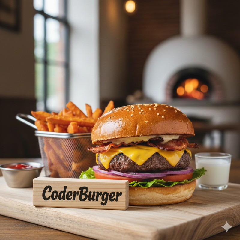 CoderBurge - Hamburquesa doble cuarto de libra con chedar, cebolla, bacon, salsa SpecialCoder con papas fritas
