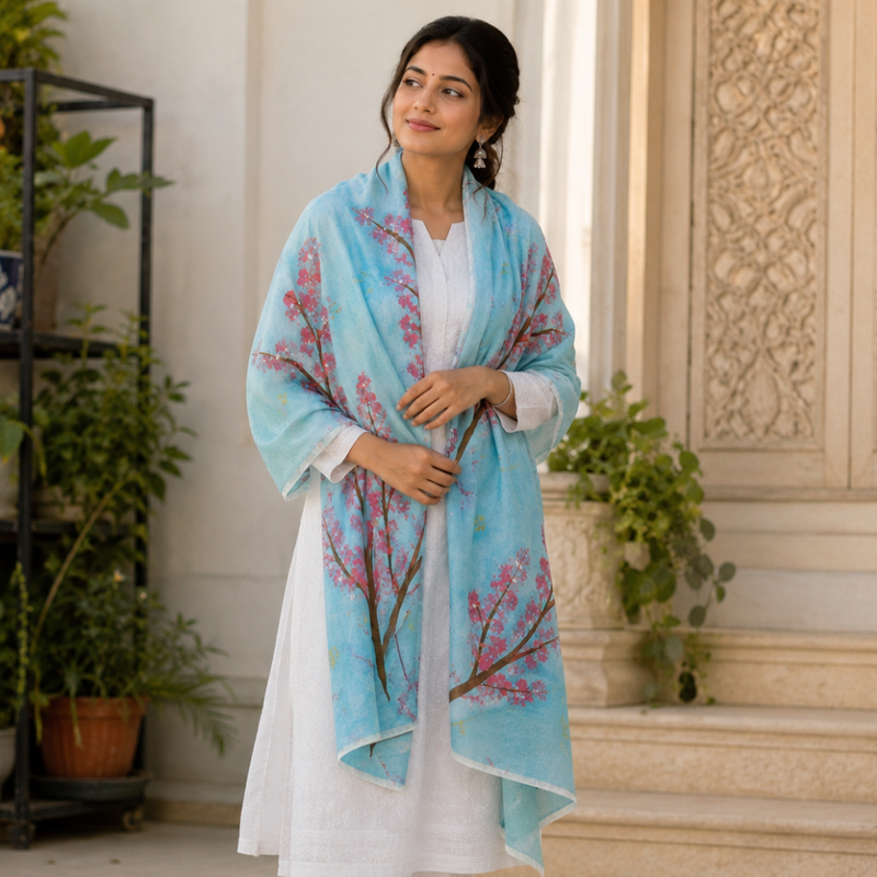 Cherry Bloom Blue Fabric Painted Cotton Stole