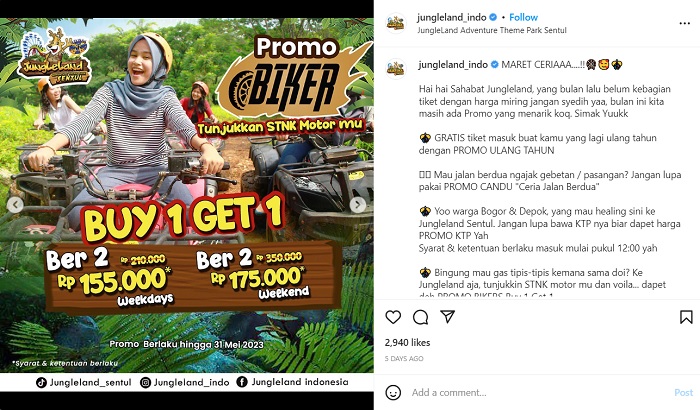 JungleLand Adventure Theme Park menawarkan cukup banyak promo untuk periode kunjungan Maret 2023.