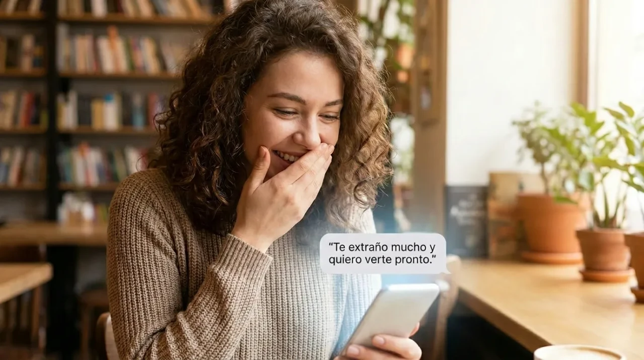 Mujer joven sonriendo emocionada mientras lee una hermosa carta de amor digital en la pantalla de su celular