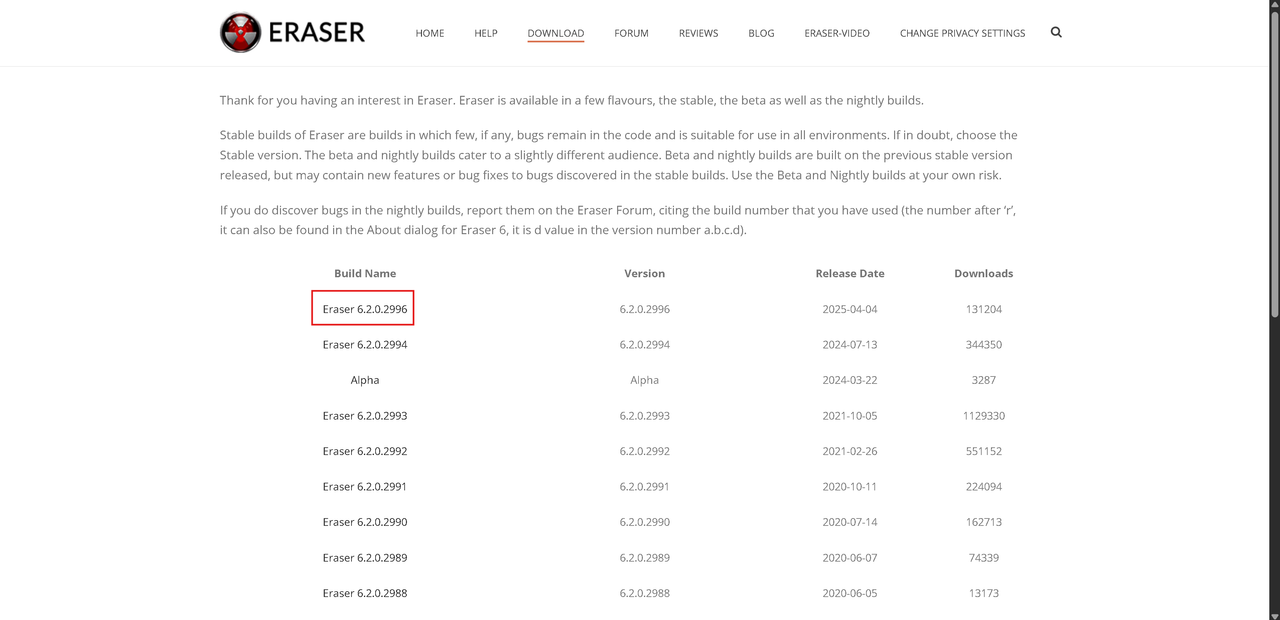 Screenshot of Eraser download page, highlighting the stable version download link.