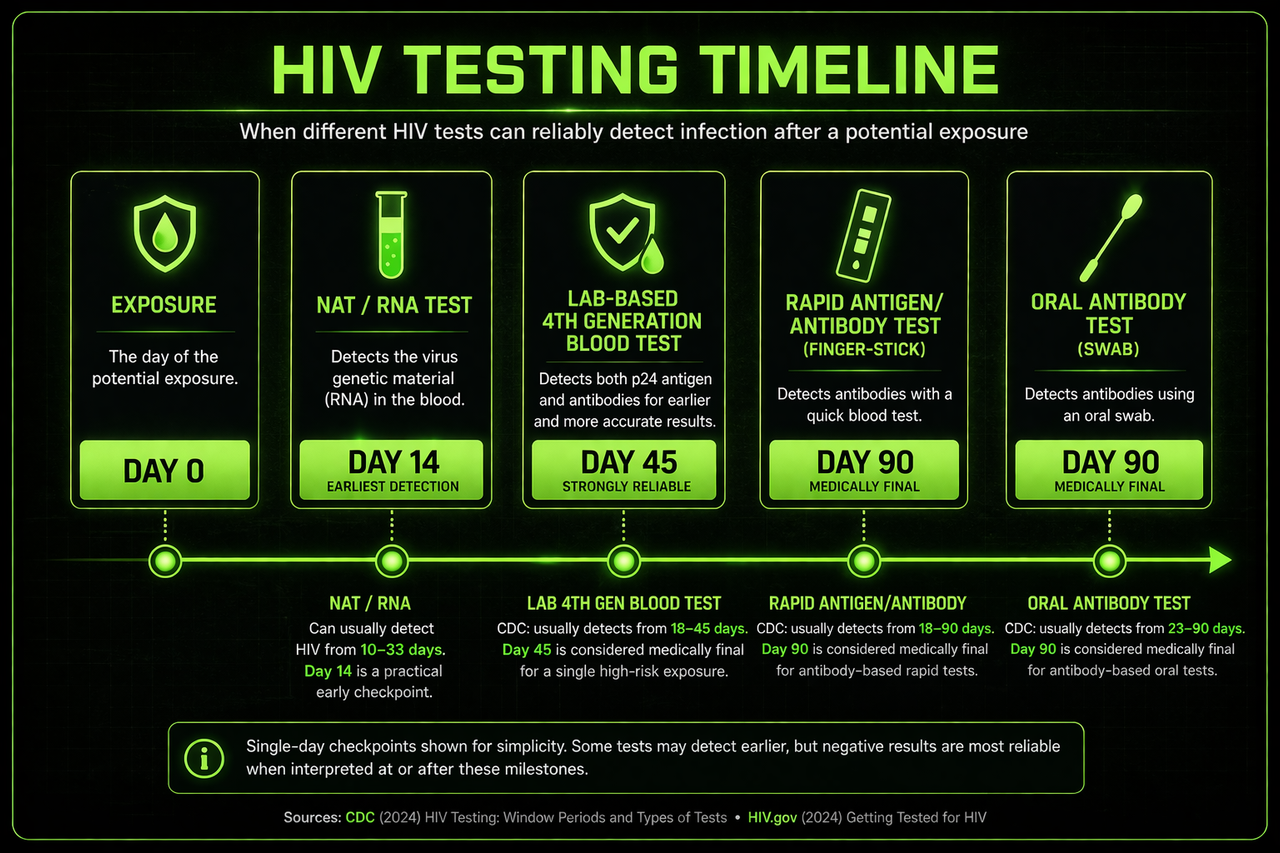 HIV testing timeline infographic showing practical testing milestones for NAT RNA, lab-based 4th generation blood tests, rapid antigen antibody tests, and oral antibody tests after exposure