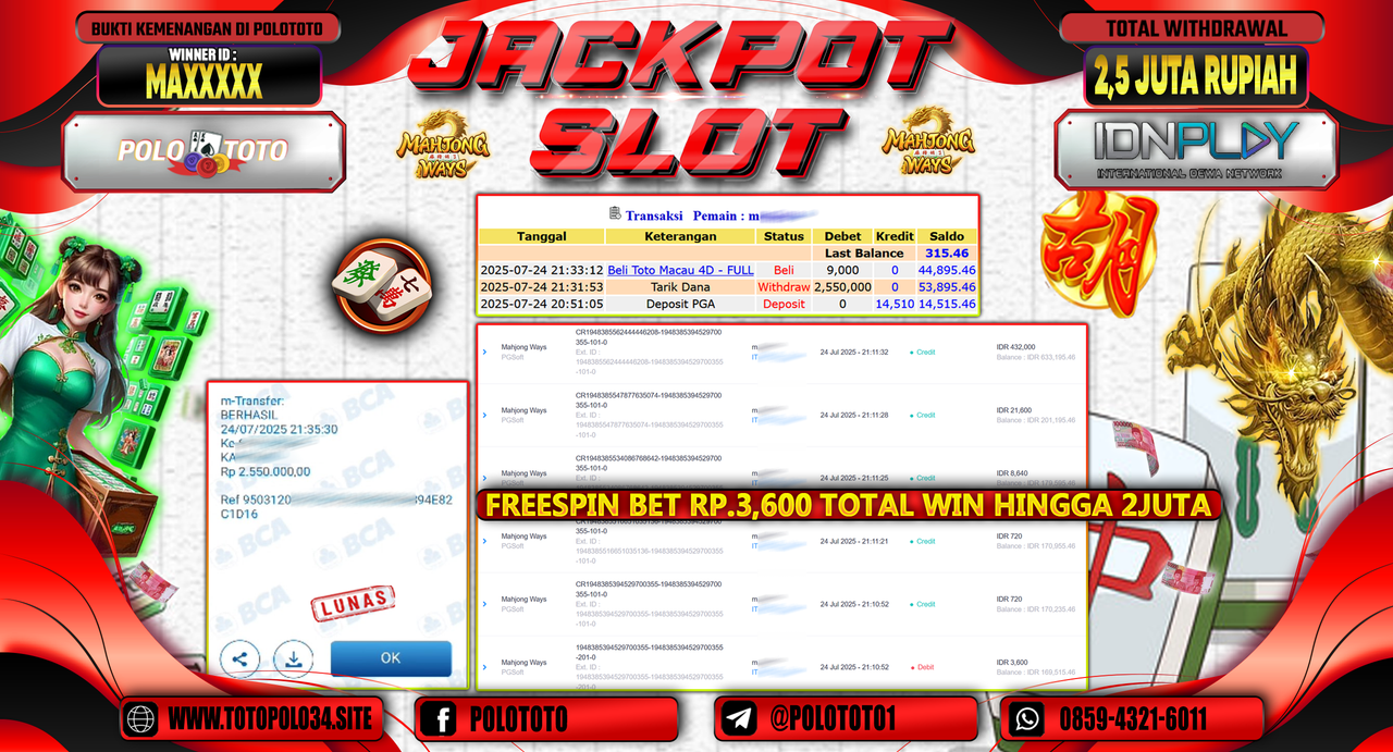 POLOTOTO JACKPOT SLOT MAHJONG WAYS Rp.2.500.000,-LUNAS