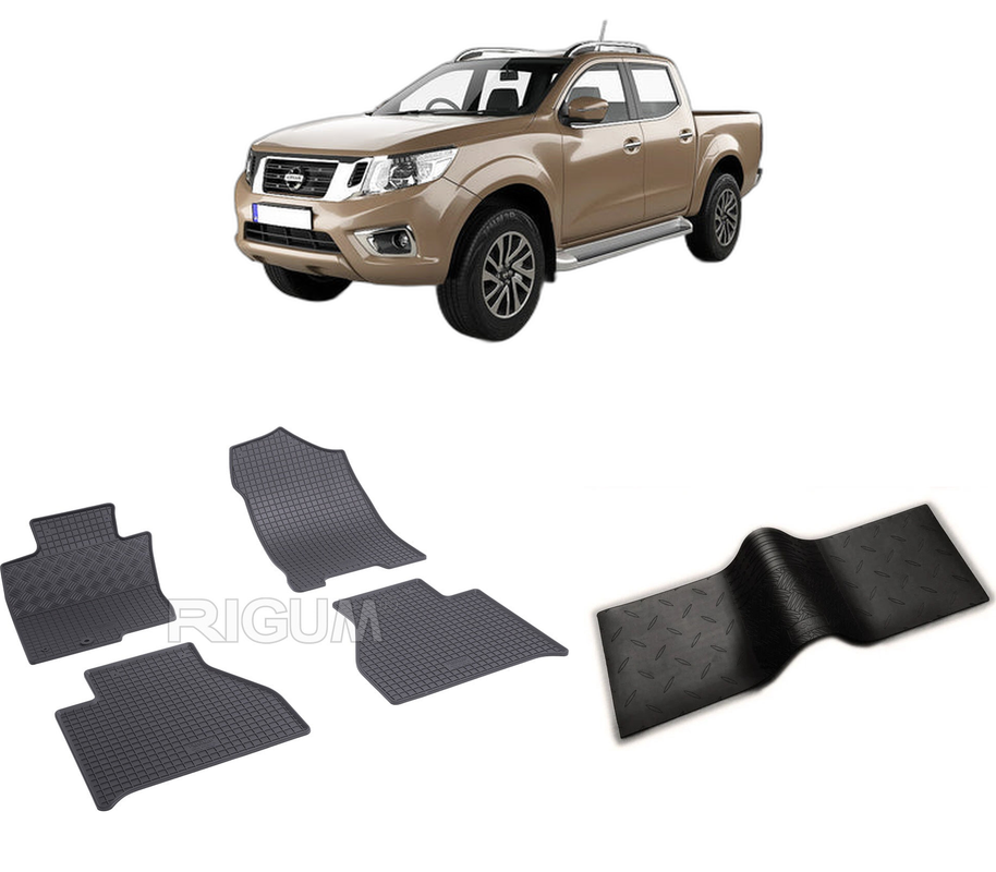 Set covorase auto NISSAN NAVARA din 01.2016-2022, cu covoras tunel median, CAROSERIE PICK-UP, Presuri cauciuc 100%, compatibil cu autoturismul NISSAN NAVARA, Rigum