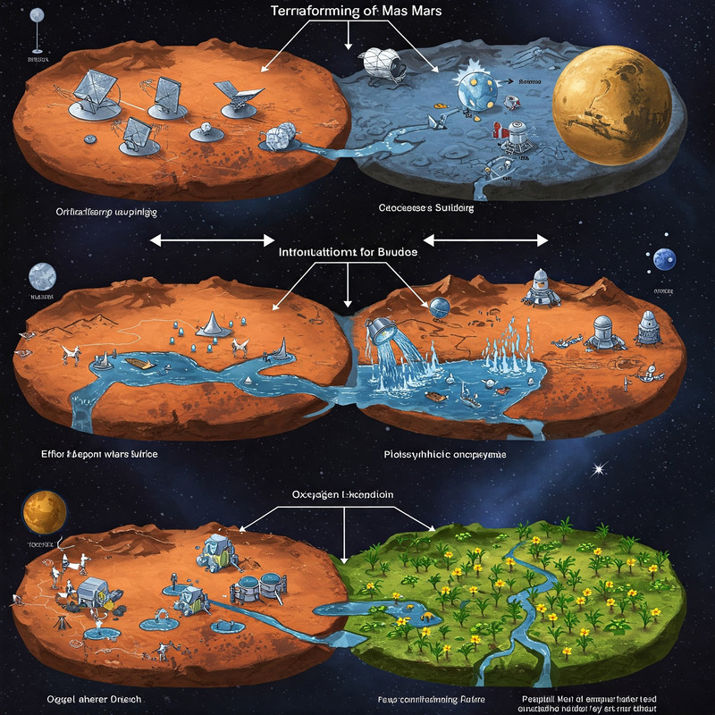 Concept of AI-controlled modular habitats and infrastructure being deployed across the Martian landscape.