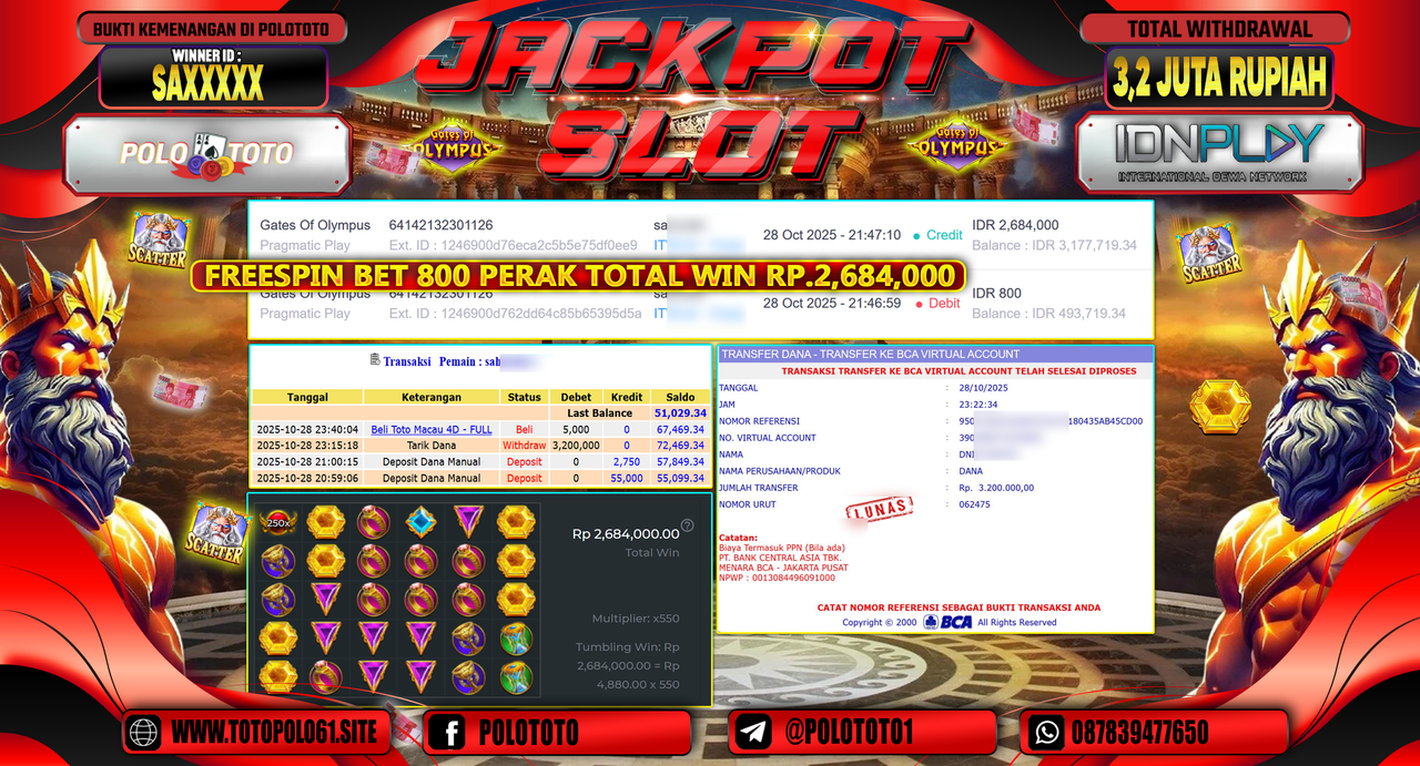 POLOTOTO JACKPOT SLOT GATES OF OLYMPUS Rp.3.200.000,- LUNAS