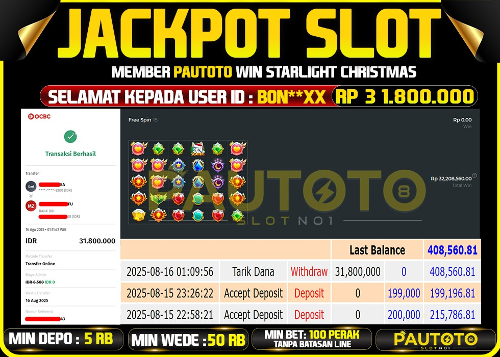 BUKTI PEMBAYARAN TGL 15 AGUSTUS 2025 MENANG DI PERMAINAN STARLIGHT CHRISTMAS TOTAL WD 31,8 JUTA