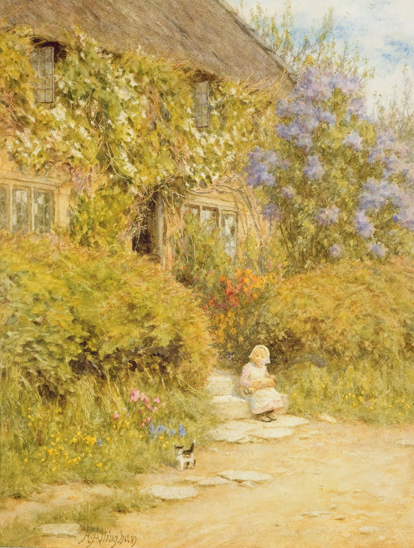 Helen-Allingham-A-cottage-near-Crewkerne-Meister-Drucke-87947