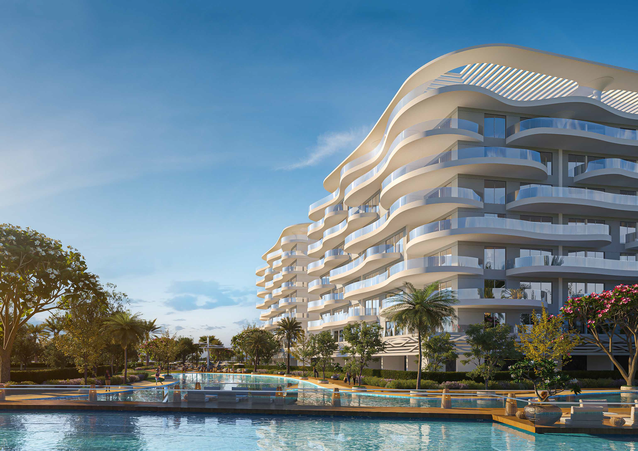 Exterior architectural rendering of Lagoon Views 12 - Tower C at Damac Lagoons featuring modern waterfront residences, landscaped lagoon community, and resort-style surroundings – Distress Deal investment opportunity in Dubai