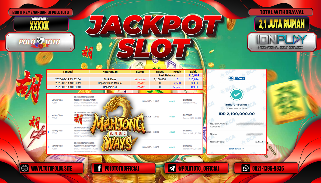POLOTOTO JACKPOT SLOT MAHJONG WAYS Rp.2.100.000,-
