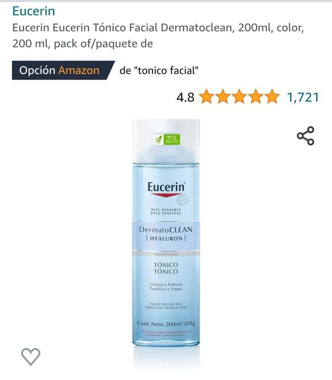 Amazon: Eucerin Eucerin Tónico Facial Dermatoclean, 200ml, color, 200 ml