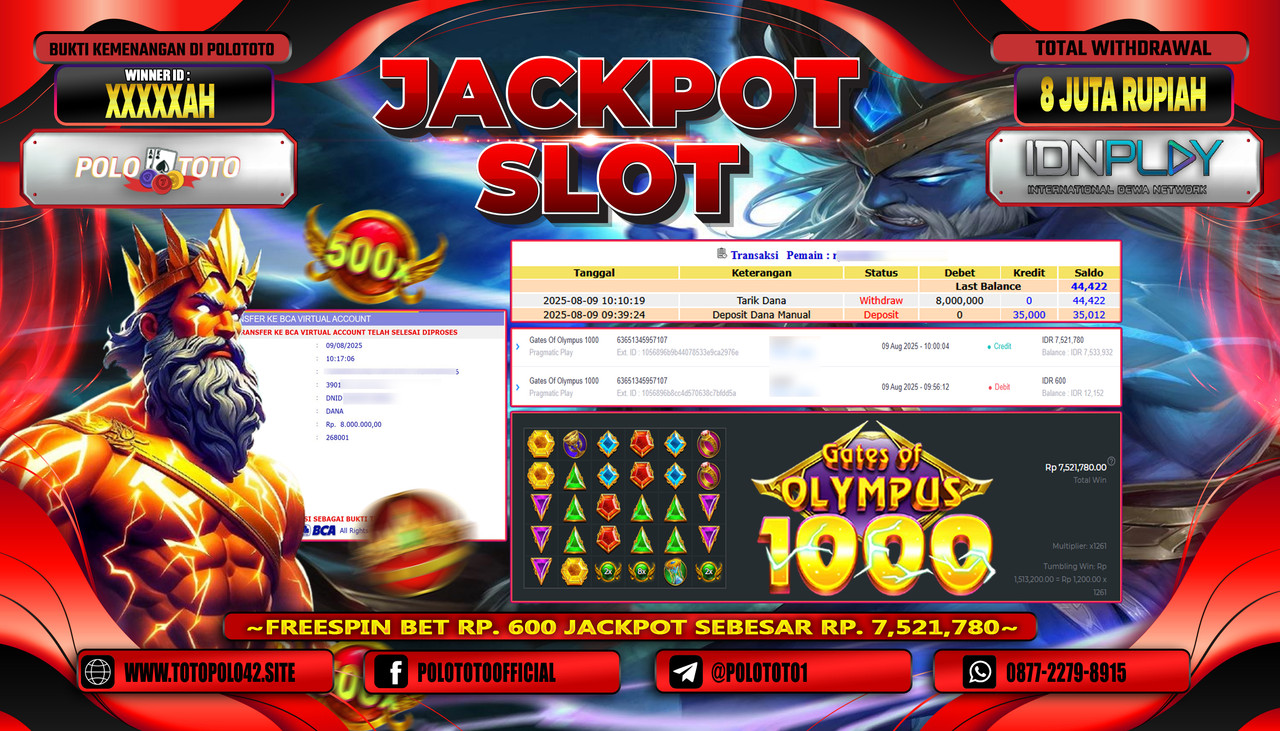POLOTOTO JACKPOT SLOT GATES OF OLYMPUS 1000 Rp.8.000.000,-LUNAS