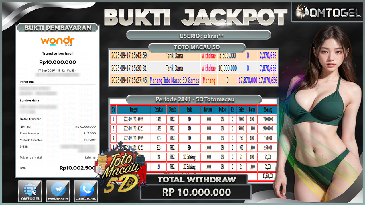 OMTOGEL JACKPOT TOTO MACAU 5D MODE 4D 3D 2D 10 JUTA DI BAYAR LUNAS ,-