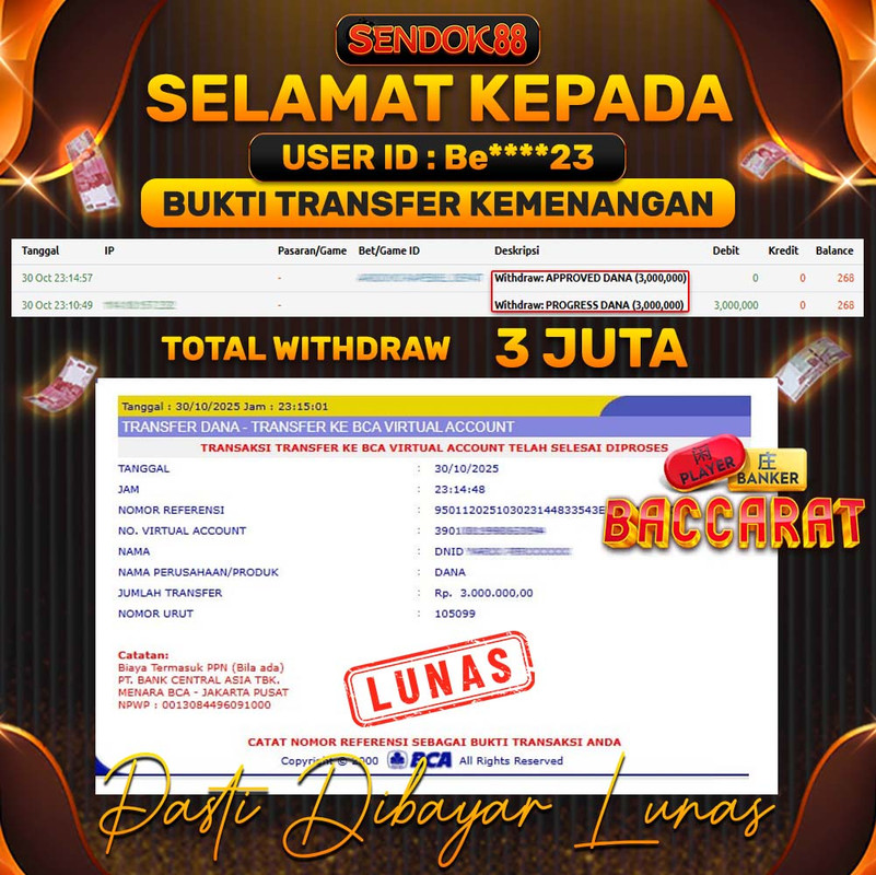 SENDOK88 JEPE! BACCARAT Rp 3.000.000,- LUNAS!