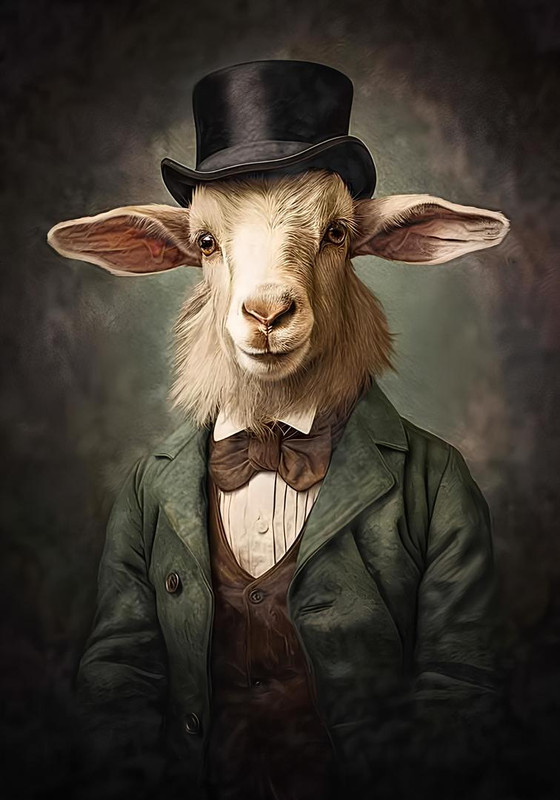 0 Goat Wall Art Print Vintage Painting Style Portrait of Billy in Victorian Gentleman s Suit Bowti