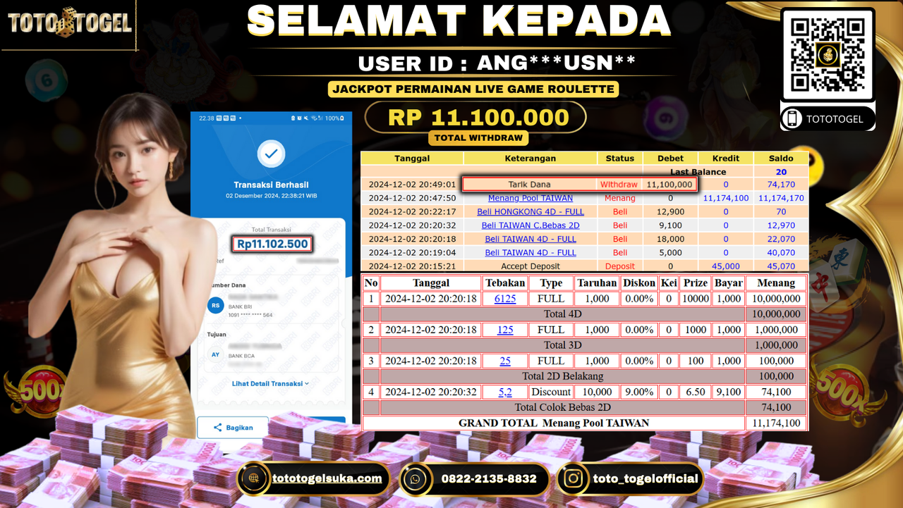 Bukti Pembayaran Jackpot Permainan Togel Pools Taiwan ID: ANG***USN** LUNAS 