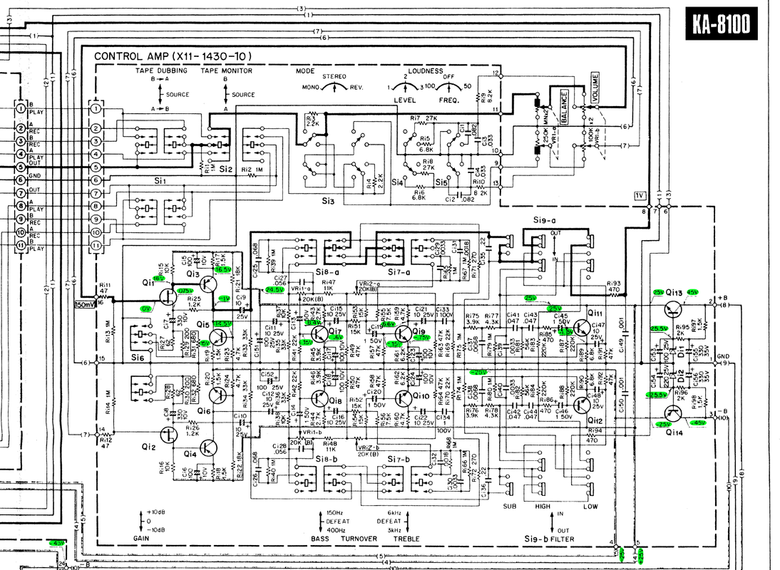 Kenwood KA-8100 schematic detail preamp section and 25V regulators voltages marked