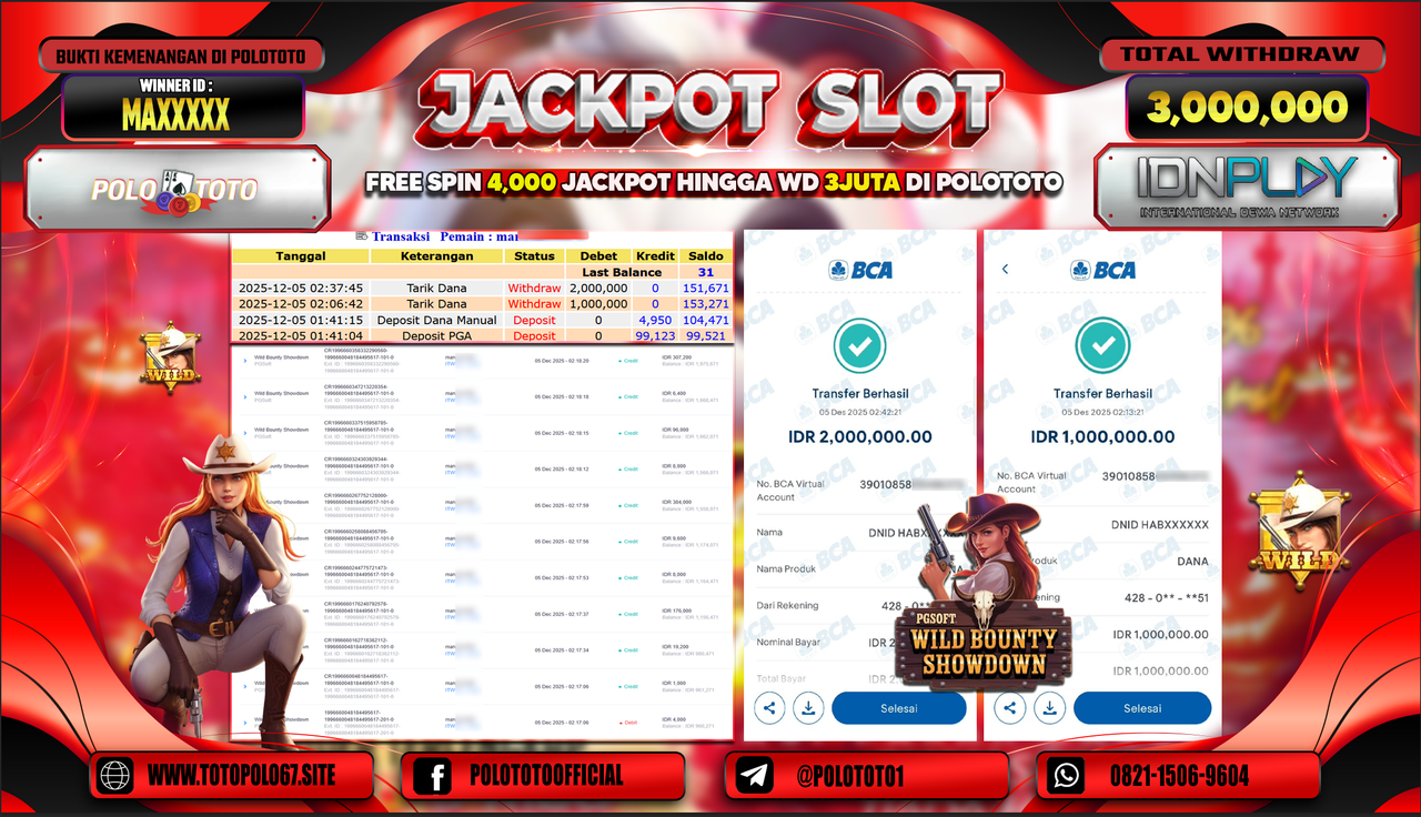POLOTOTO JACKPOT SLOT WILD BOUNTHY SHOWDOWN Rp.3.000.000,- LUNAS