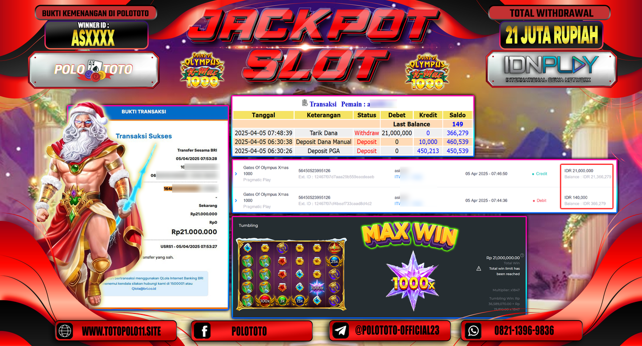 POLOTOTO JACKPOT SLOT GATES OF OLYMPUS XMAS 1000  Rp.21.000.000,-