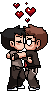 A pixelated, edited gif of a sprite set from the Scott Pilgrim video game. Wallace kisses the webmaster's self insert with hearts above them.