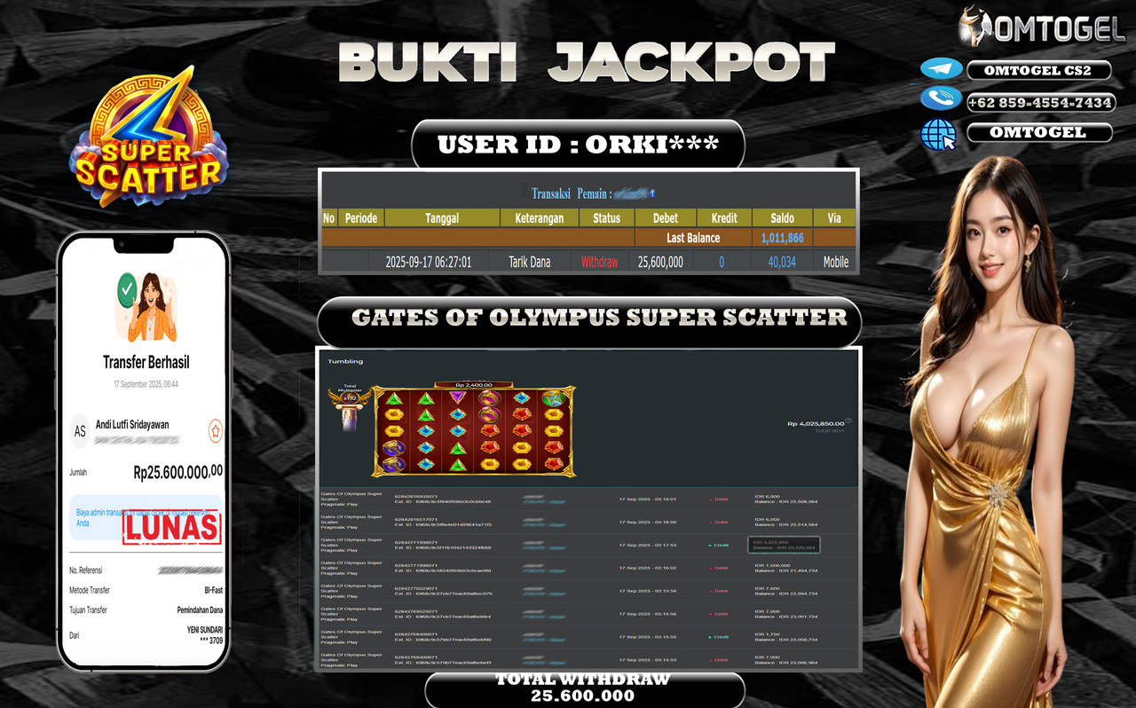 OMTOGEL JACKPOT PRAGMATIC PLAY GATES OF OLYMPUS SUPER SCATTER 25 JUTA DI BAYAR LUNAS ,-