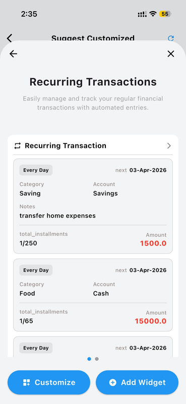 Recurring Transactions Widget