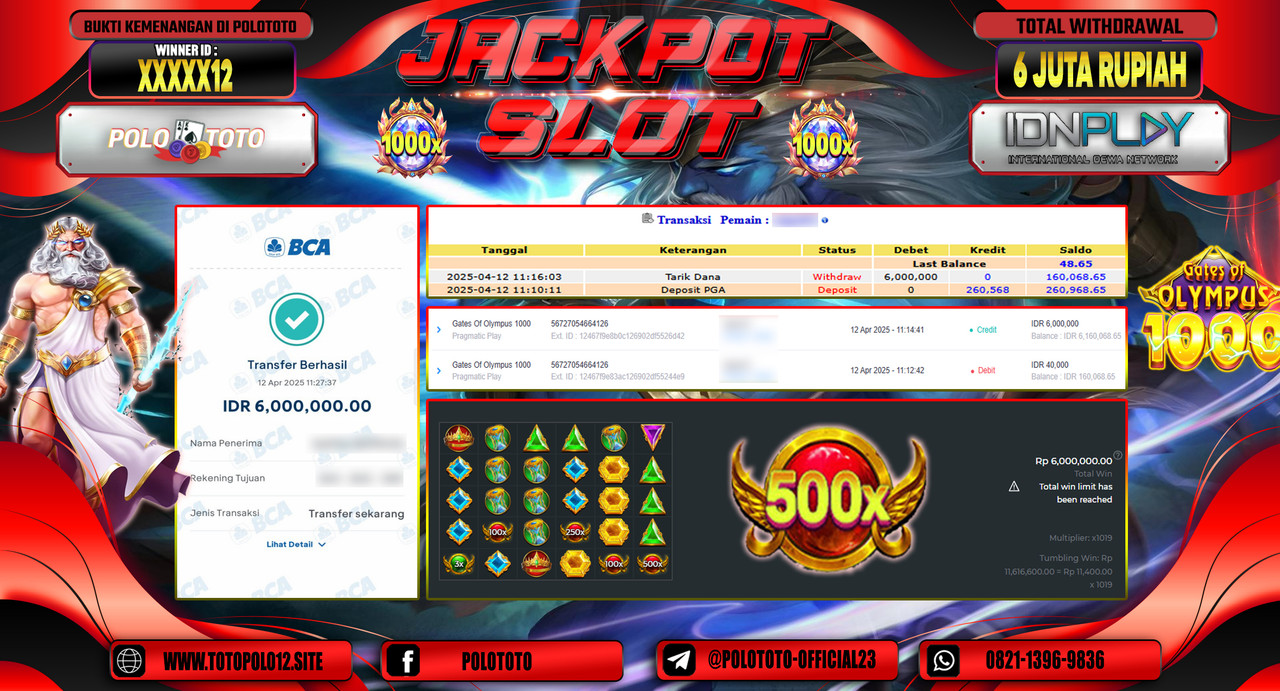POLOTOTO JACKPOT SLOT GATES OF OLYMPUS 1000  Rp.6.000.000,-