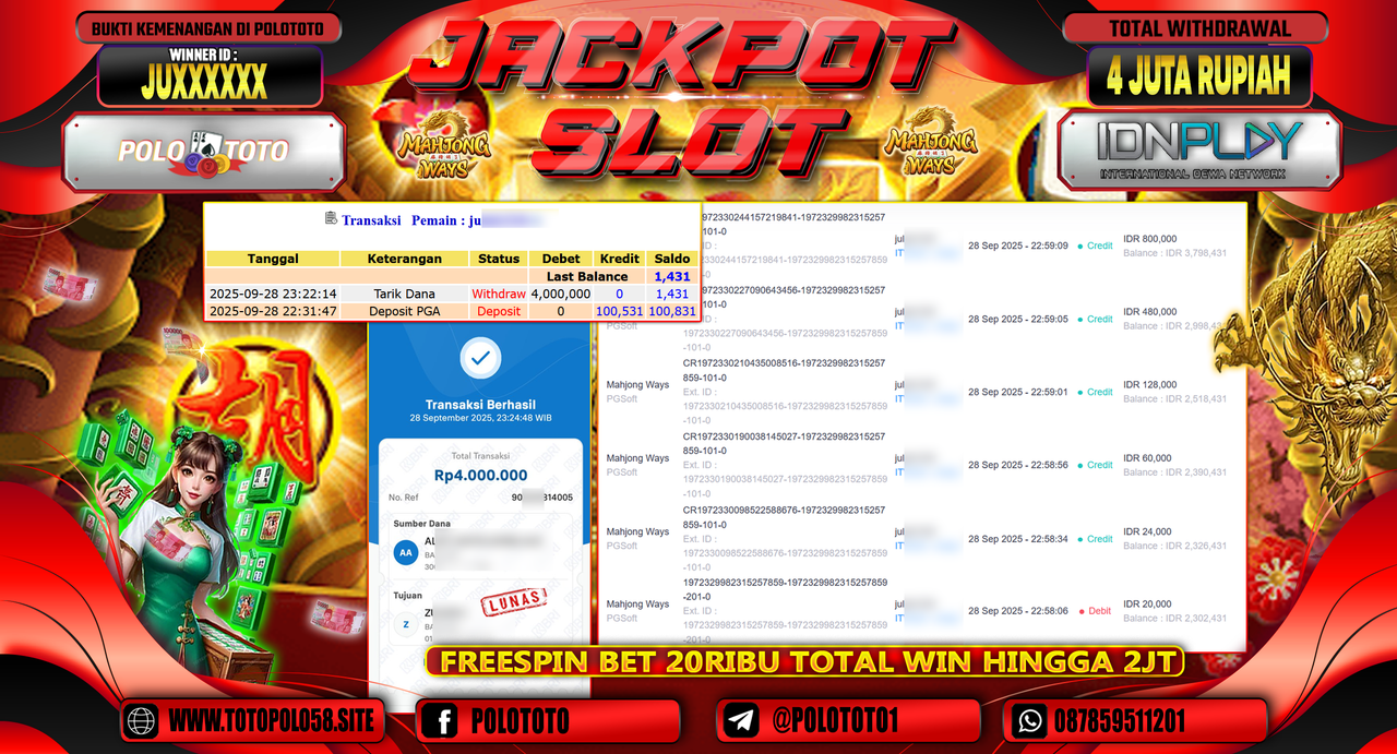 POLOTOTO JACKPOT SLOT MAHJONG WAYS Rp.4.000.000,- LUNAS