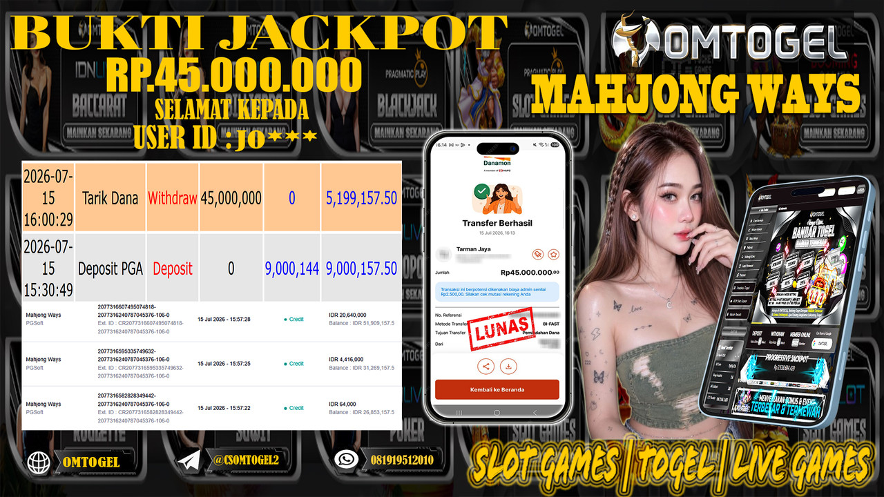 OMTOGEL JACKPOT PG SOFT MAHJONG WAYS Rp.45,000,000,- DIBAYAR LUNAS