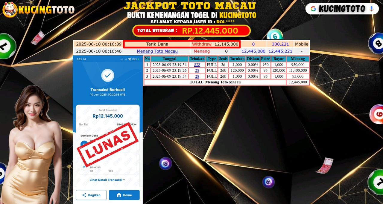 KUCINGTOTO JACKPOT TOGEL TOTO MACAU RP.12.445.000.,- LUNAS