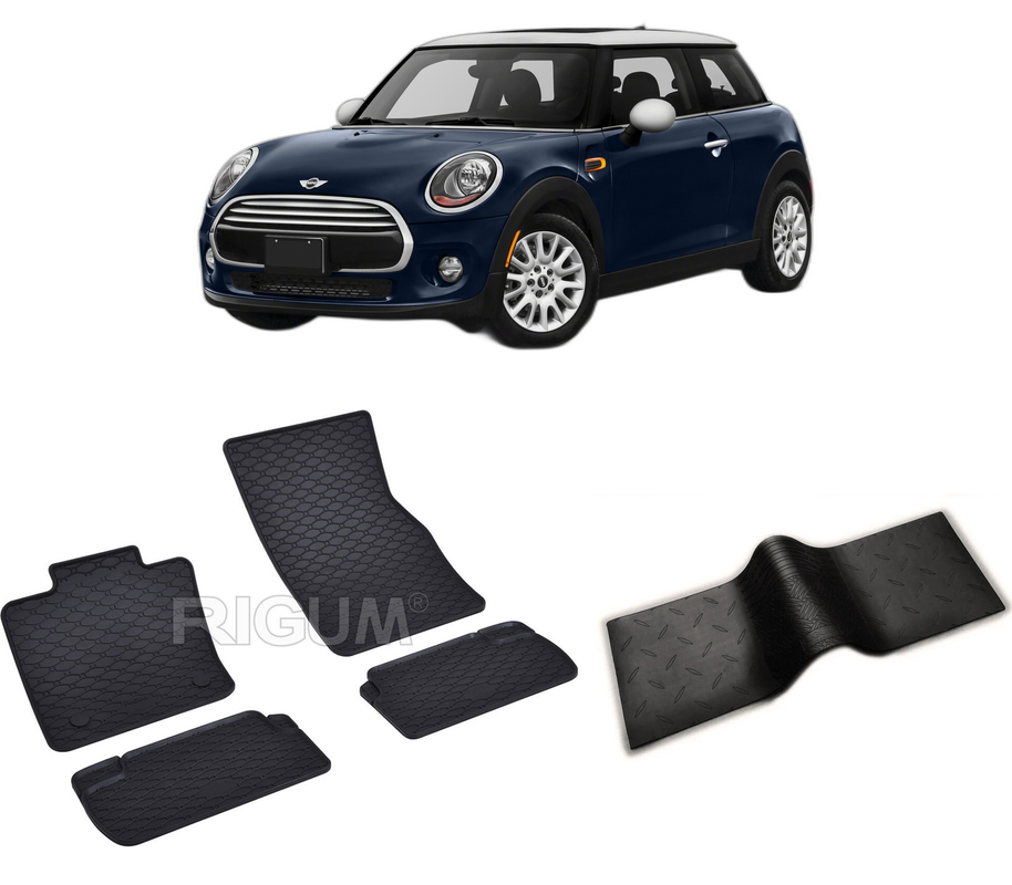 Set covorase auto MINI COOPER III F56 din 03.2014-02.2024, cu covoras tunel median, CAROSERIE HATCHBACK, Presuri cauciuc 100%, compatibil cu autoturismul MINI COOPER III F56, Rigum
