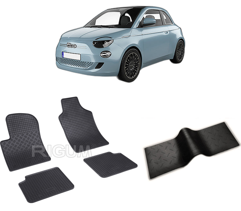 Set covorase auto FIAT 500 HYBRID din 02.2020-PREZENT, cu covoras tunel median, CAROSERIE HATCHBACK, Presuri cauciuc 100%, compatibil cu autoturismul FIAT 500 HYBRID, Rigum