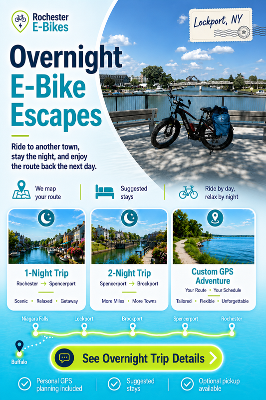 Rochester E-Bikes overnight E-Bike escapes with 1-night, 2-night, and custom GPS adventure trip options
