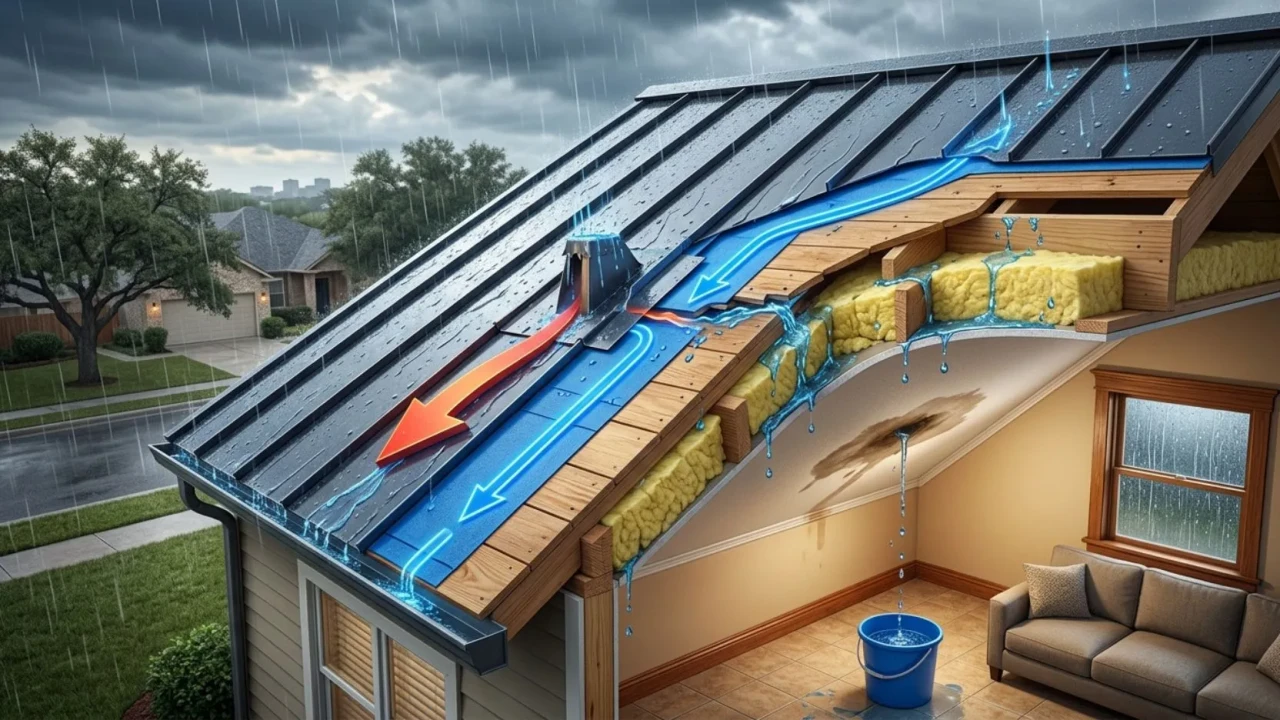 Diagram showing how water travels under a metal roof before leaking inside a San Antonio home