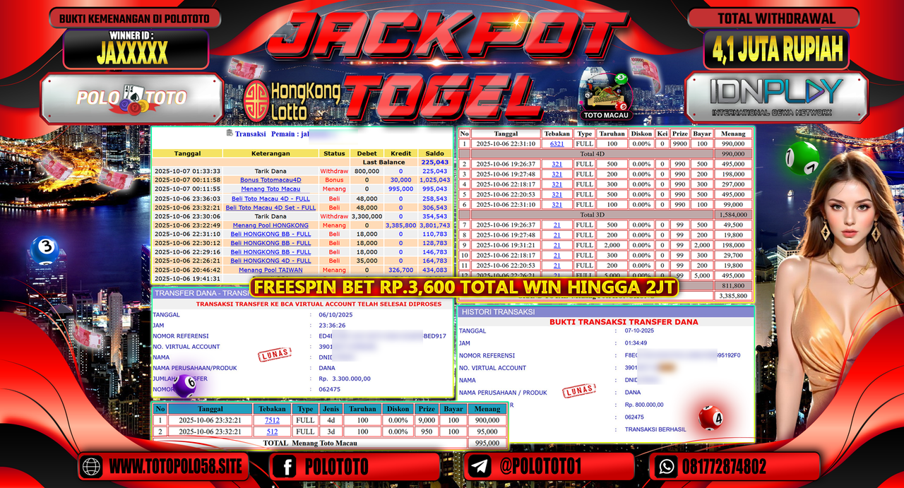 POLOTOTO JACKPOT TOGEL HONGKONG LOTTO DAN MENANG TOTO MACAU Rp.4.100.000,- LUNAS