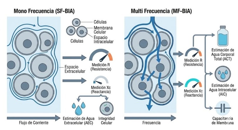 Figura 2. Diferencias en el funcionamiento de SF-BIA y MF-BIA
