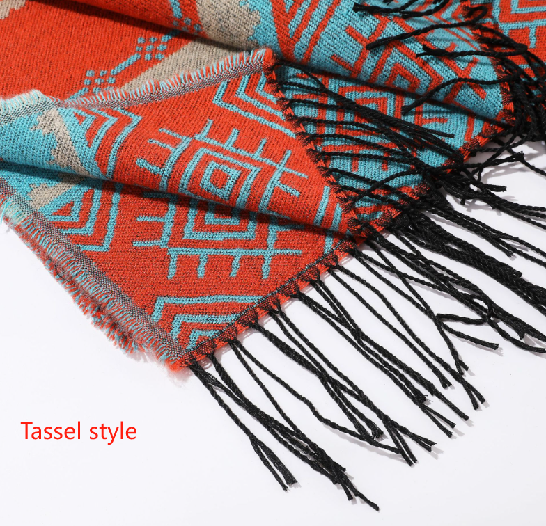 Blue Light-tan Palindrome Fringe Bohemian Fringe Shawl Cloak - 160 x 135 cm Ethnic Inner Mongolia Style Double-Sided Scarf Cape