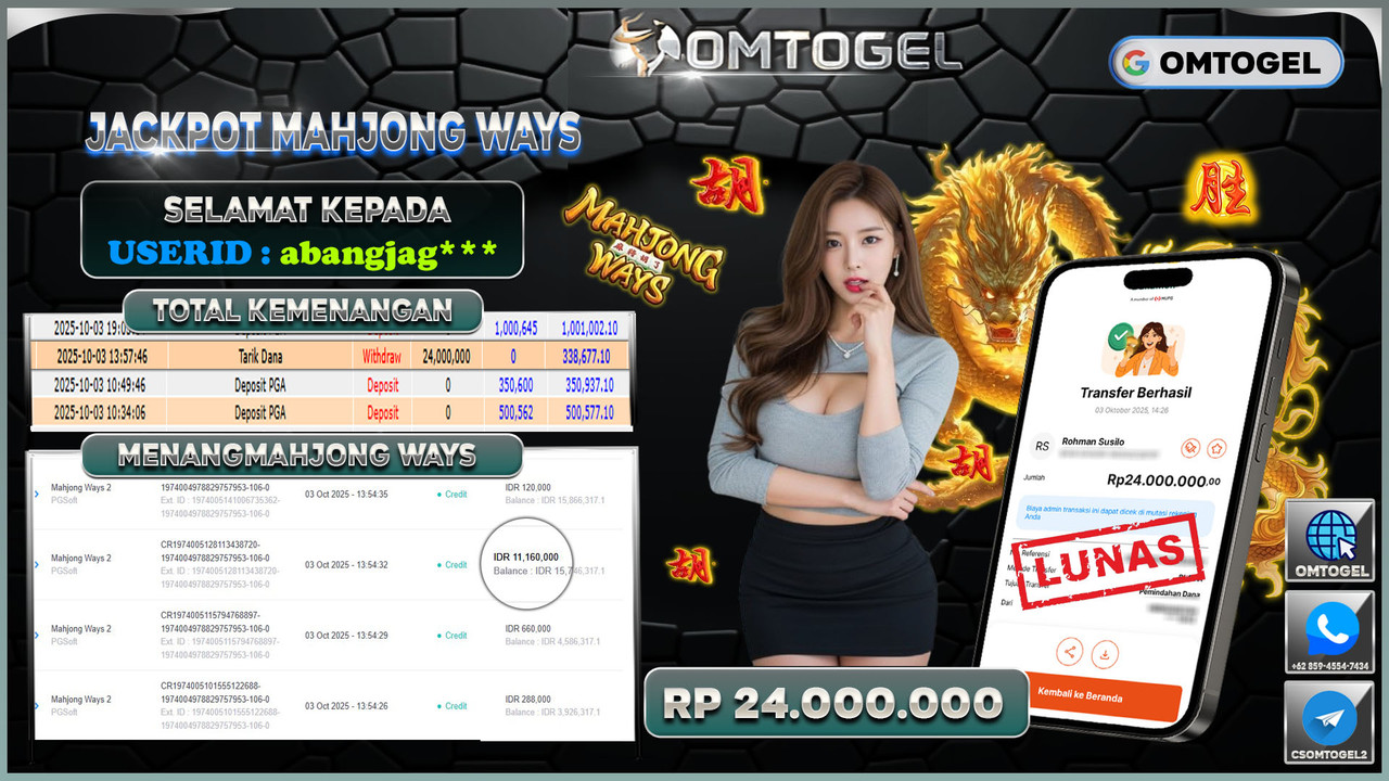 OMTOGEL JACKPOT PGSOFT MAHJONG WAYS 2 24 JUTA DI BAYAR LUNAS ,-