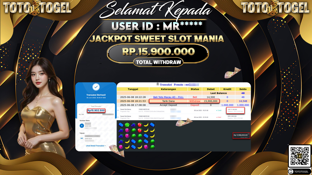 Bukti Pembayaran Jackpot Permainan Slot Sweet Slot Mania ID:MR***** LUNAS