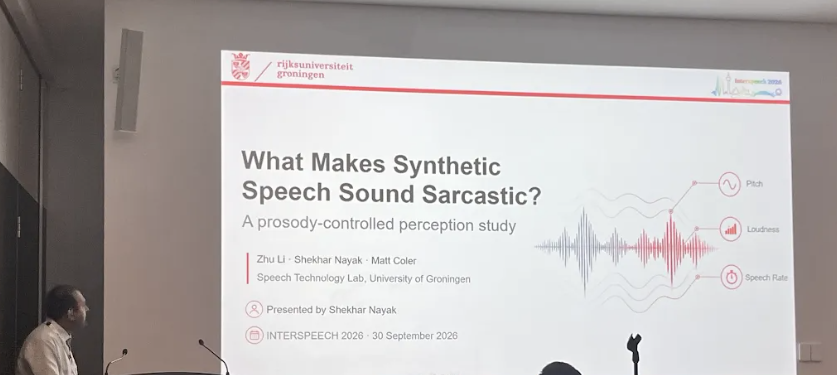 Dr Shekhar Nayak presenting What Makes Synthetic Speech Sound Sarcastic? at Interspeech 2026 in Sydney