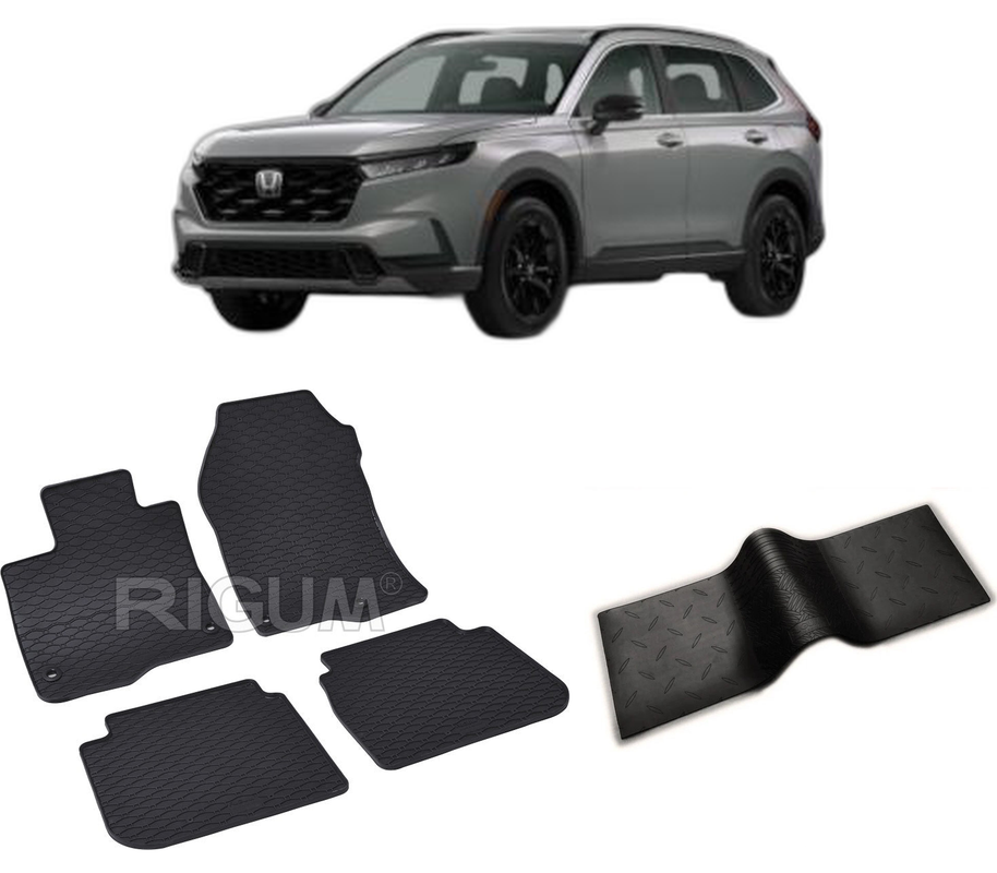 Set covorase auto HONDA CR-V VI HYBRID din 08.2023-PREZENT, cu covoras tunel median, CAROSERIE SUV, Presuri cauciuc 100%, compatibil cu autoturismul HONDA CR-V VI HYBRID, Rigum