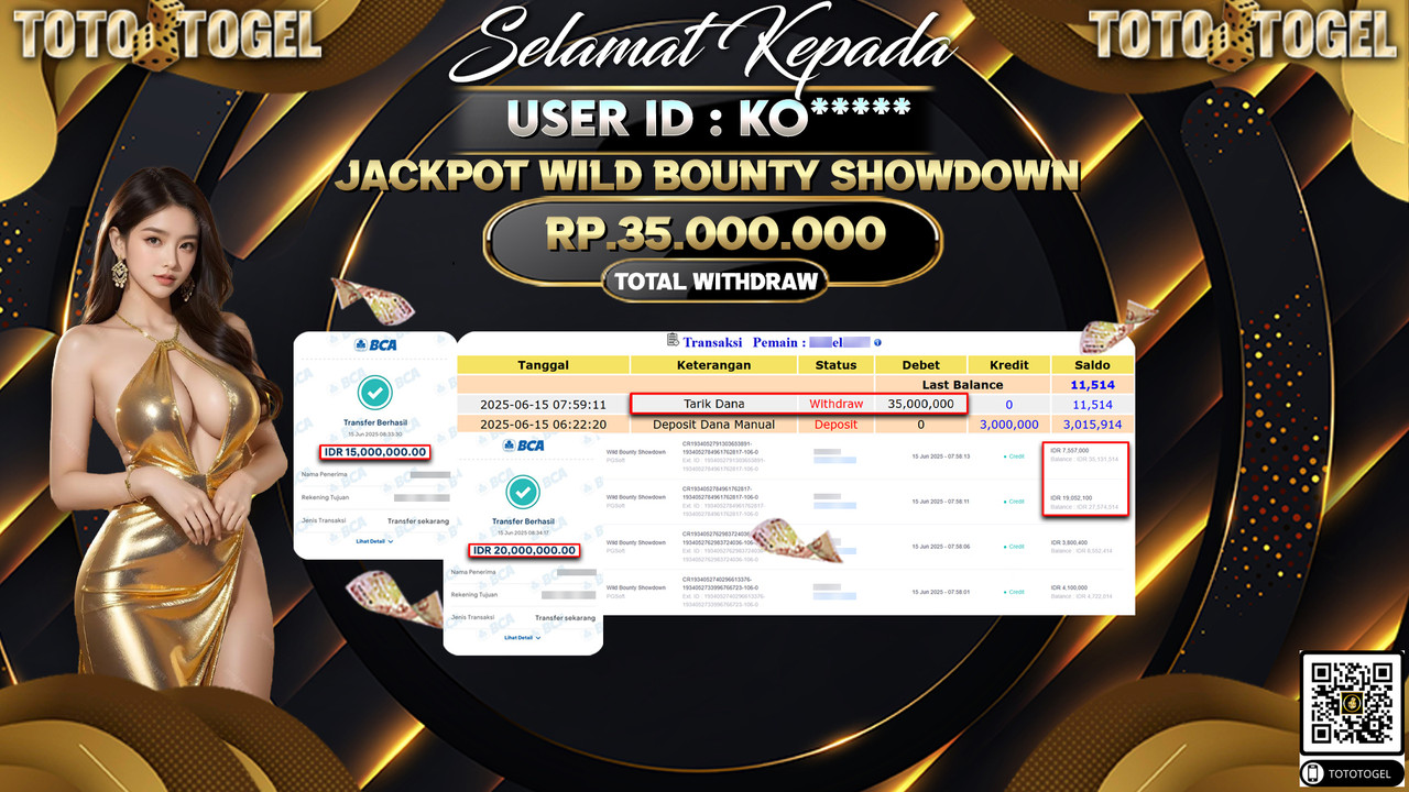 Bukti Pembayaran Jackpot Permainan Slot Wild Bounty Showdown ID:KO***** LUNAS