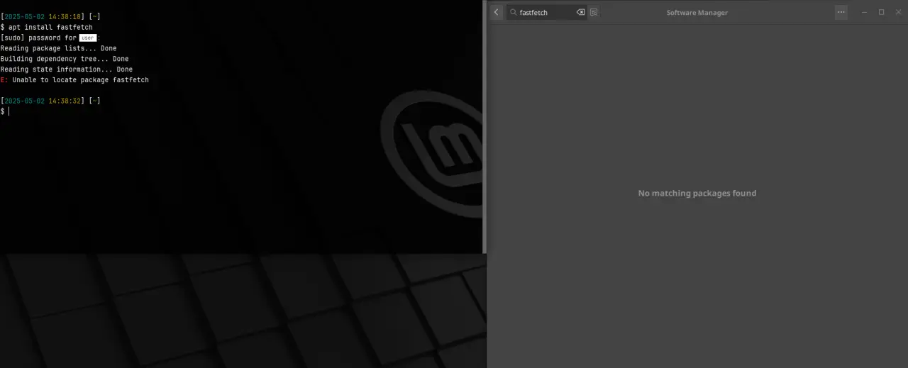 screenshot of Linux Mint failing to find fastfetch in either apt and its software manager