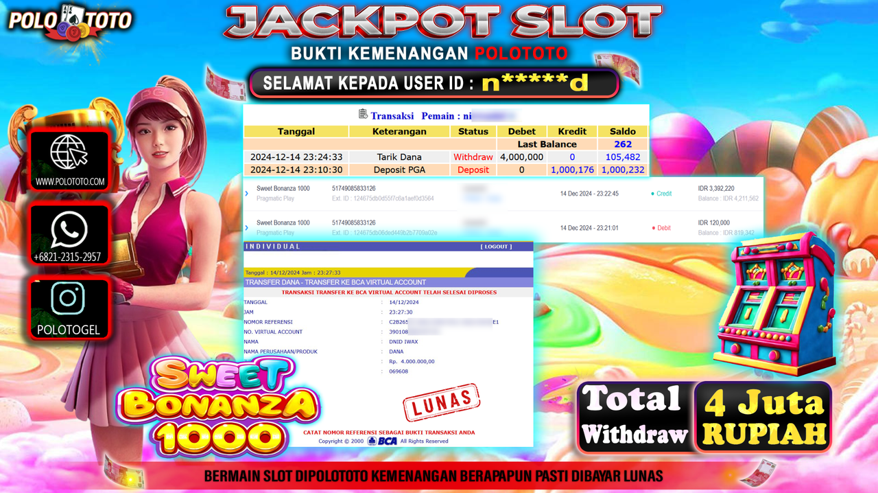 POLOTOTO JACKPOT SLOT SWEET BONANZA 1000 Rp.4,000.000,-