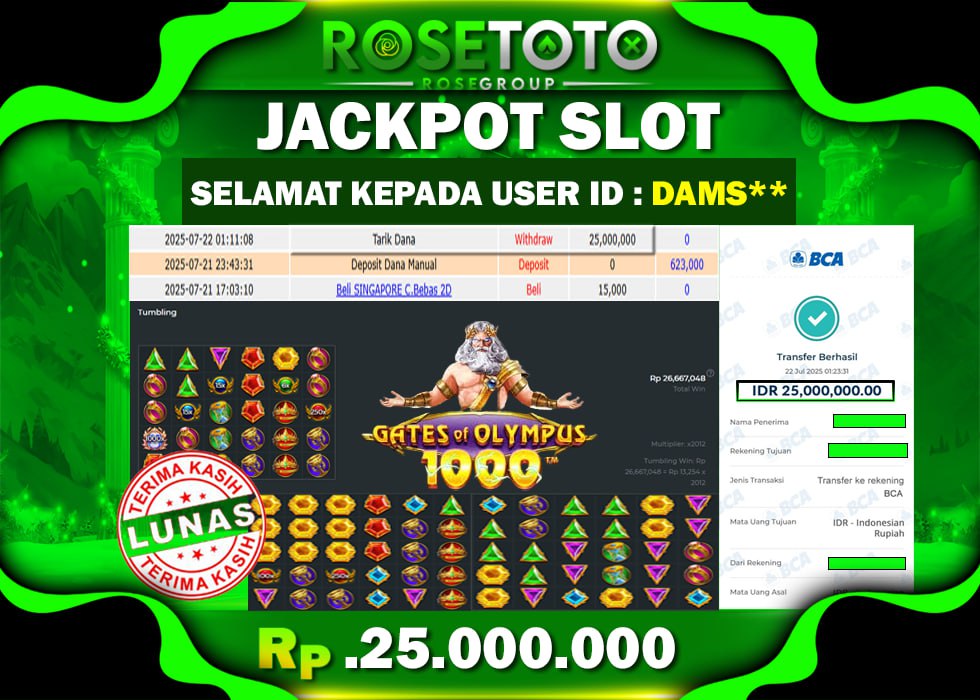 ROSETOTO JACKPOT SLOT Gates Of Olympus 1000 Rp.25.000.000.,- LUNAS
