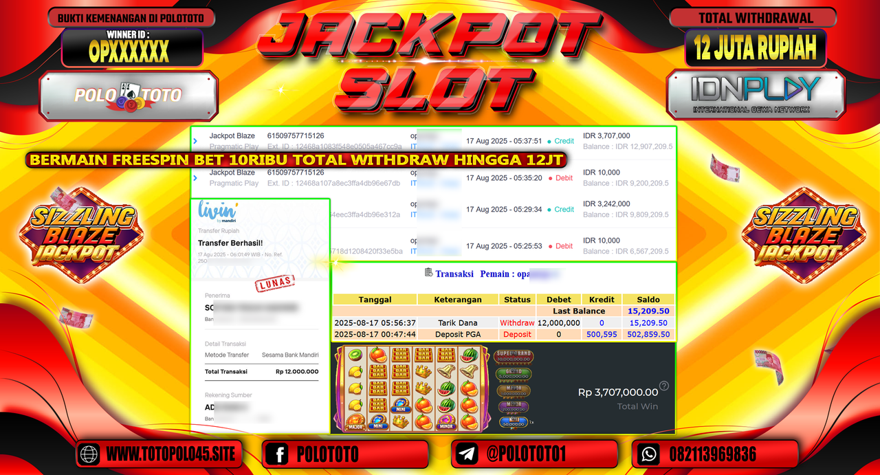 POLOTOTO JACKPOT SLOT JACKPOT BLAZE Rp.12.000.000,-