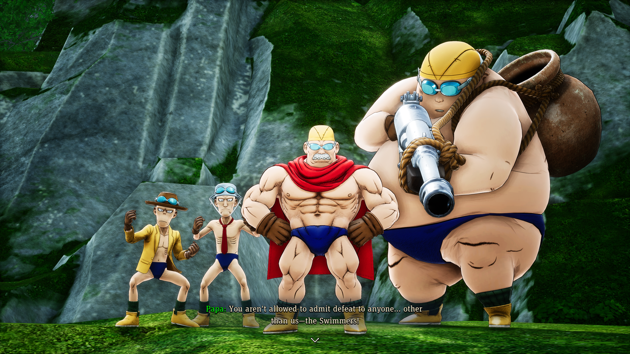 The Swimmers stand on top of a mossy rock looking down on the heroes.