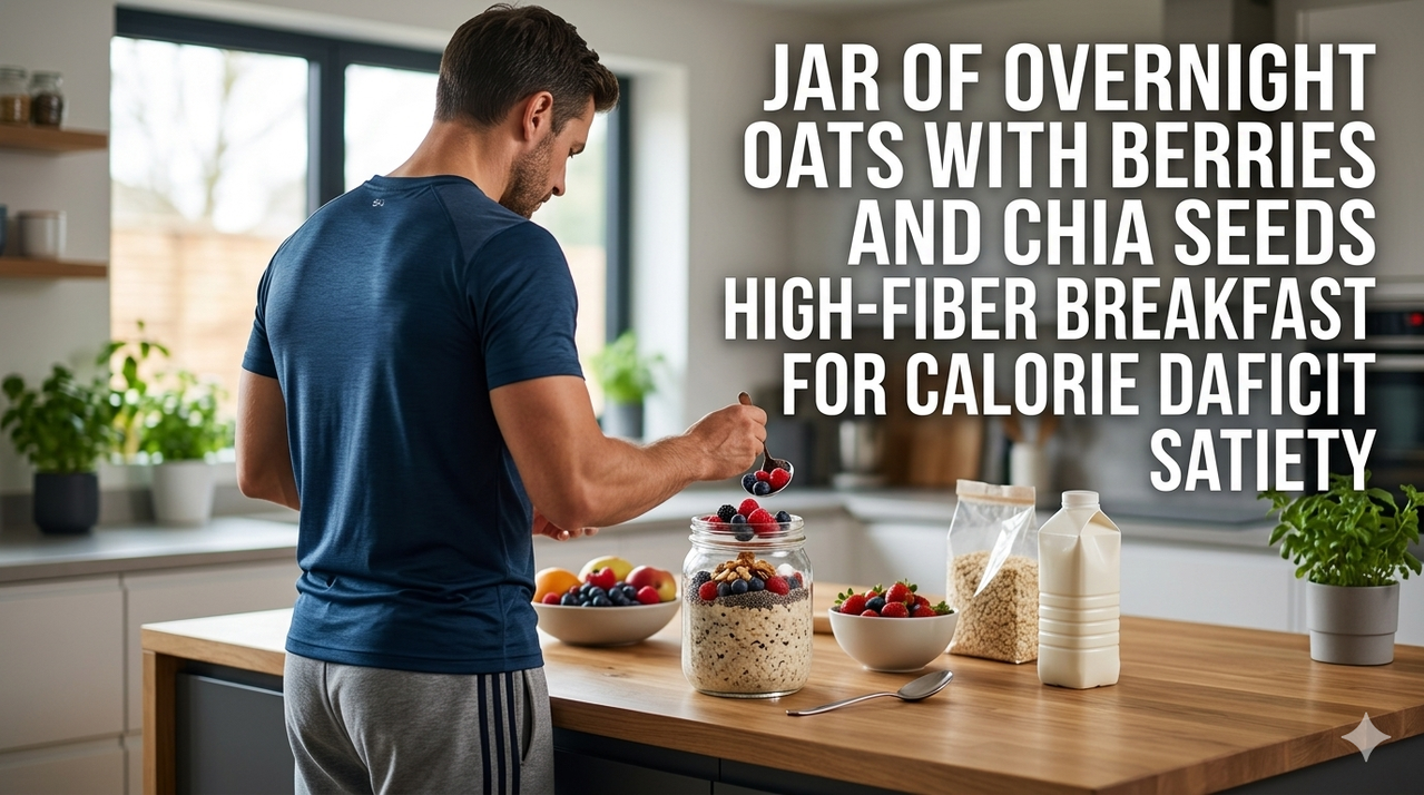 Jar of overnight oats with berries and chia seeds high-fiber breakfast for calorie deficit satiety and appetite control