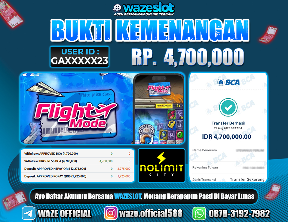 BUKTI KEMENANGAN 29 AGUSTUS 2025 GAME FLIGHT MODE ( NOLIMIT CITY ) 