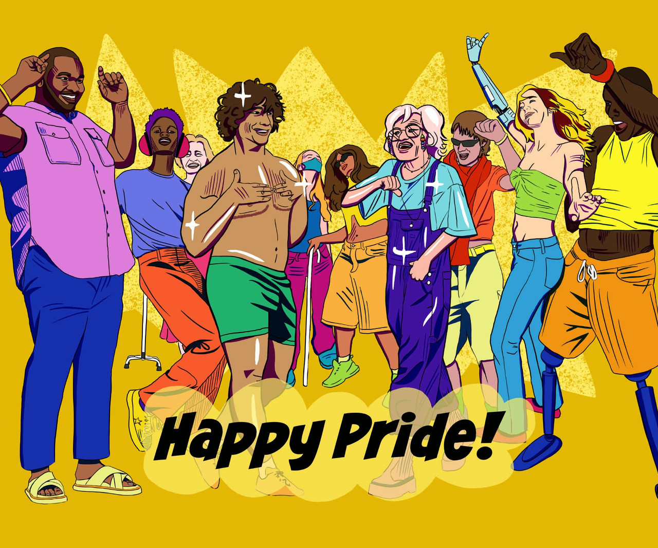 A full dance floor of joyful, varied bodies with two figures dancing together in the center of the image. One is a shirtless transgender man in green shorts.  He signs “happy” while the second individual - an older white-haired person wearing purple overalls signs “pride”.  One of the folks in the group is wearing ear defenders; a couple people are using canes; and at the right, one dancer raises a prosthetic arm high while another moves on prosthetic legs.